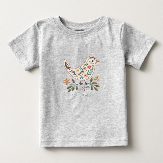 Liten Fågel Färgrik Blommig Baby T-Shirt (Framsida)