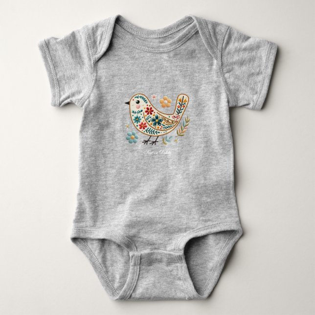 Liten fågel Färgrik blommig babybodysuit T Shirt (Framsida)