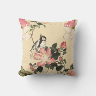 LITEN FÅGEL MED ROSA ROSOR OCH LOTUSBLOMMOR KUDDE