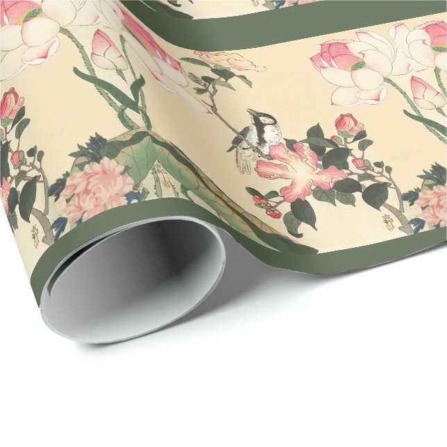 LITEN FÅGEL MED ROSOR OCH LOTUSBLOMMOR PRESENTPAPPER (Rullad Hörn)