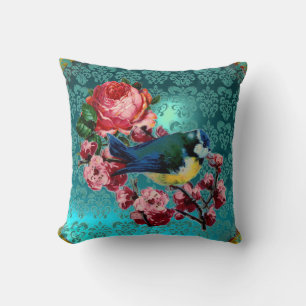 LITEN FÅGEL OCH ROSA ROS AQUA BLUE,TEAL DAMASK KUDDE
