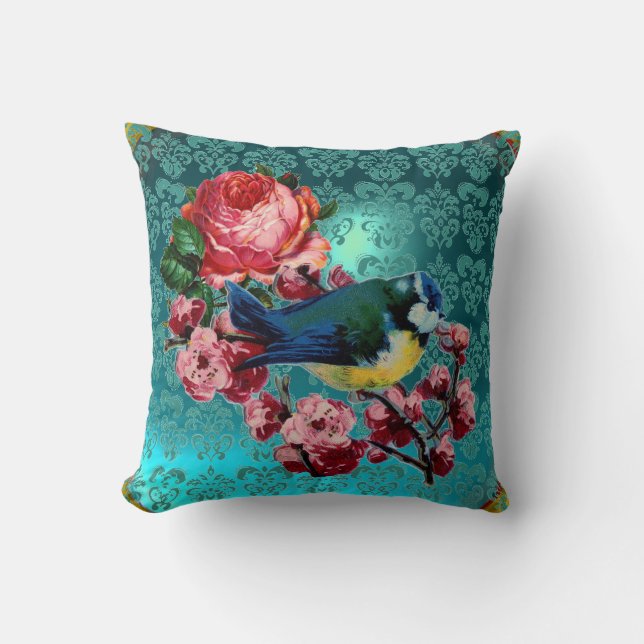 LITEN FÅGEL OCH ROSA ROS AQUA BLUE,TEAL DAMASK KUDDE (Framsida)