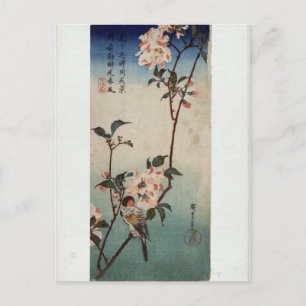 Liten fågel på en gren av Kaidozakura av Hiroshige Vykort