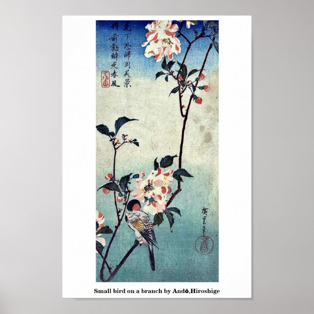 Liten fågel på gren av Andō,Hiroshige Poster (Framsidan)