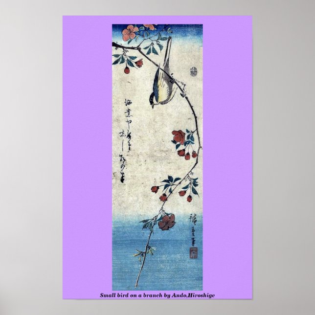 Liten fågel på gren vid Ando,Hiroshige Poster (Framsidan)
