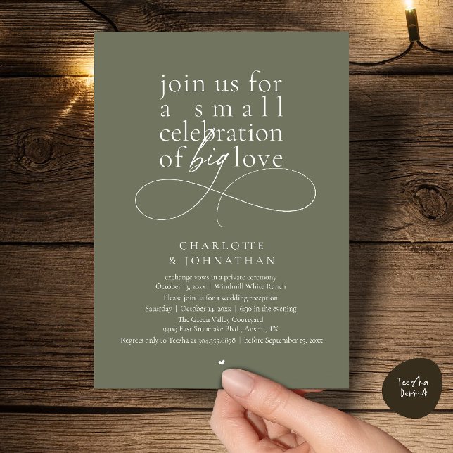 Liten firande av stor kärlek, elegant minimalistis inbjudningar (Small Celebration of Big Love, Elegant Minimalist Wedding Reception invites Card in Olive Sage Green)