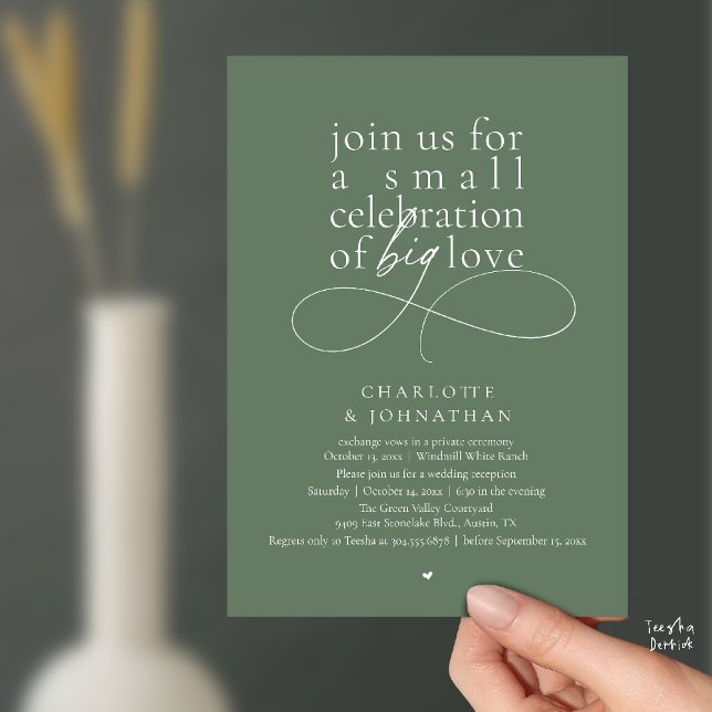 Liten firande av stor kärlek, elegant minimalistis inbjudningar (Small Celebration of Big Love, Elegant Minimalist Wedding Reception Invitation Card in Sage Green)