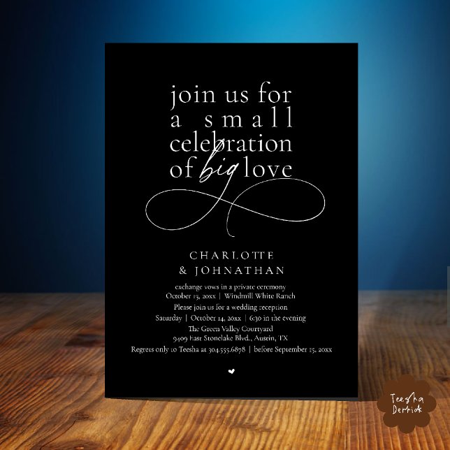 Liten firande av stor kärlek, elegant minimalistis inbjudningar (Small Celebration of Big Love, Elegant Minimalist Wedding Reception Invitation Card in Black White)