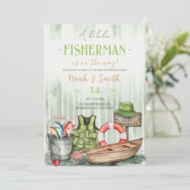 Liten fiskare baby shower inbjudan | Grön Ru (Stående Fram)