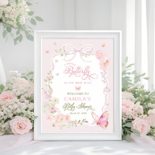 Liten fjäril Blomsterflicka Baby Shower Välkommen Poster