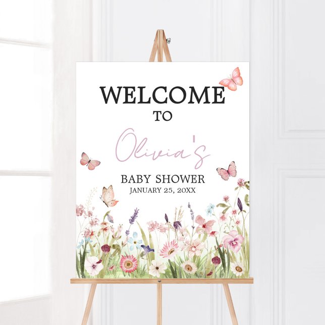 Liten fjäril Vildblomma Baby Shower Välkommen Poster (Wildflower Little Butterfly Baby Shower Welcome Sign)
