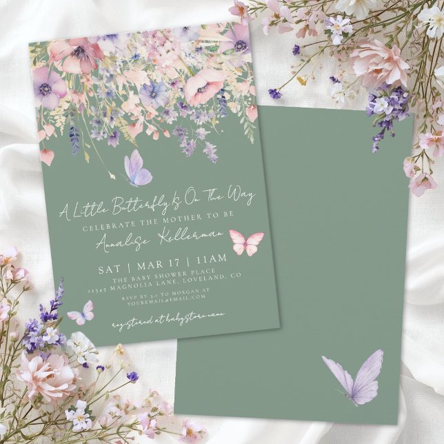 Liten Fjäril Vildblomma Grön Bebis-fest Inbjudningar (Little Butterfly Wildflower Green Baby Shower Invitation )