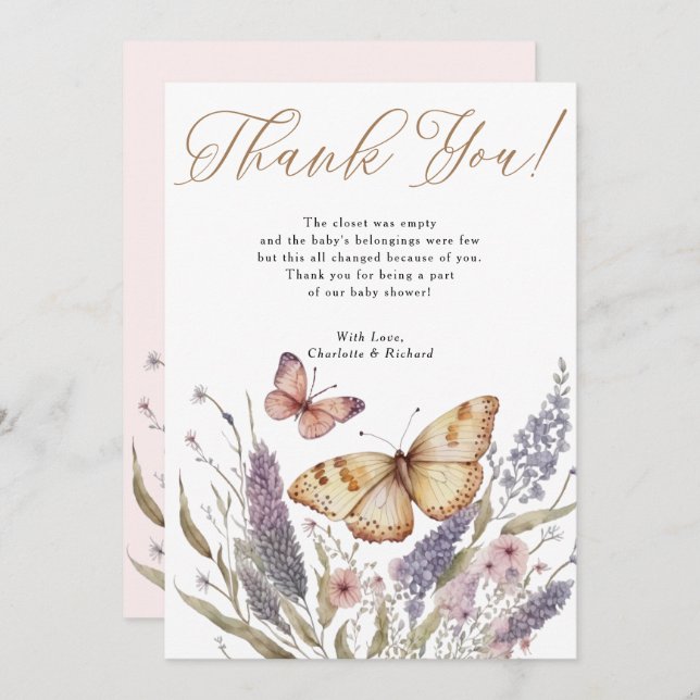 Liten Fjärilsflicka Baby Shower Tacksamhetskort Tack Kort (Fram/baksida)