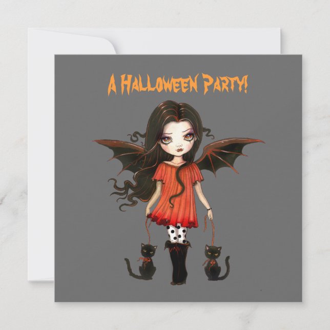 Liten fladdermusflicka Vampyr Gotisk Halloween kat Inbjudningar (Framsida)