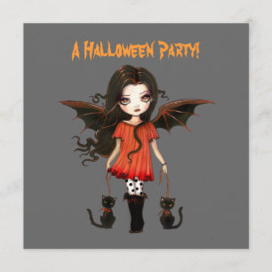 Liten fladdermusflicka Vampyr Gotisk Halloween kat Inbjudningar