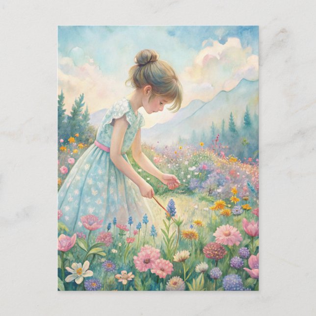 Liten flicka äng vilda blommor berg pastell vykort (Framsida)