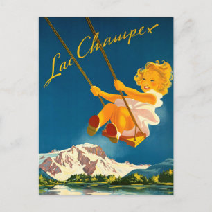 Liten flicka gungar över Lac Champex, Schweiz Vykort