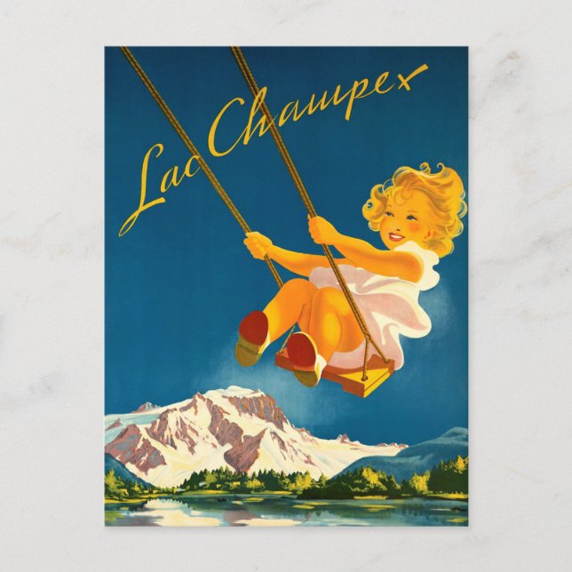 Liten flicka gungar över Lac Champex, Schweiz Vykort (Framsida)