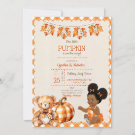 Liten flicka Höst Rutig Teddybjörn Pumpa Löv Inbjudningar