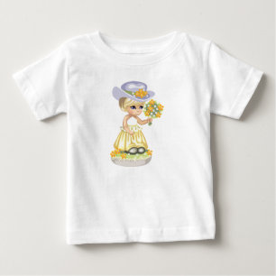 Liten flicka i gul påskklänning som håller blommor tee shirt