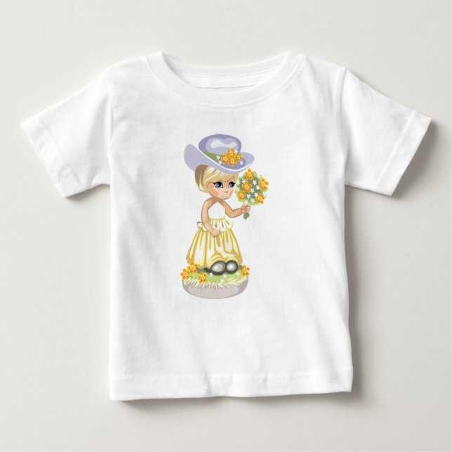 Liten flicka i gul påskklänning som håller blommor tee shirt (Framsida)