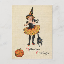 Liten flicka i häx-Halloween-dräkt, svart katt, Vykort