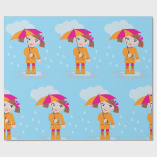 Liten flicka i orange regnjacka med rosa paraply presentpapper