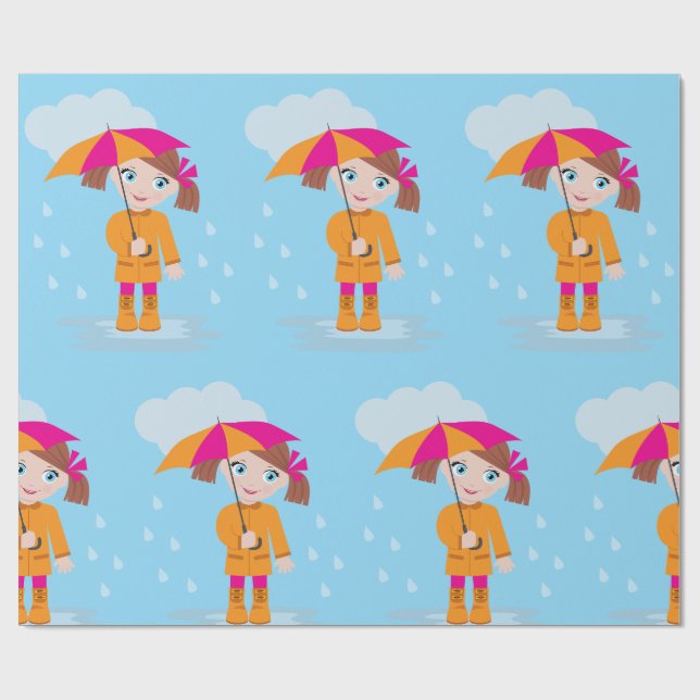 Liten flicka i orange regnjacka med rosa paraply presentpapper (Platt)