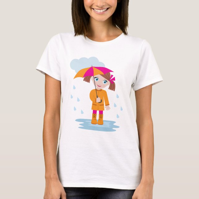 Liten flicka i orange regnjacka med rosa paraply t shirt (Framsida)