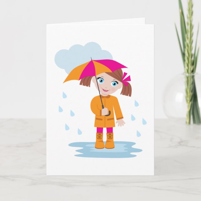 Liten flicka i orange regnrock med rosa paraply kort (Framsida)