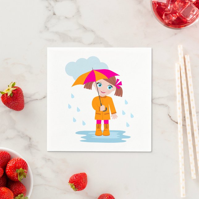 Liten flicka i orange regnrock med rosa paraply pappersservett (Skapare uppladdad)