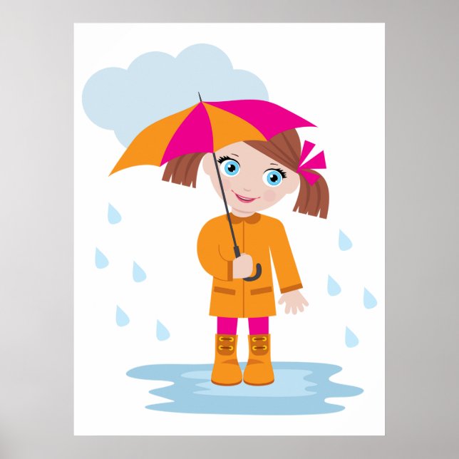 Liten flicka i orange regnrock med rosa paraply poster (Framsidan)