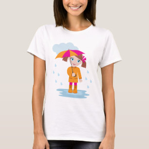 Liten flicka i orange regnrock med rosa paraply t shirt