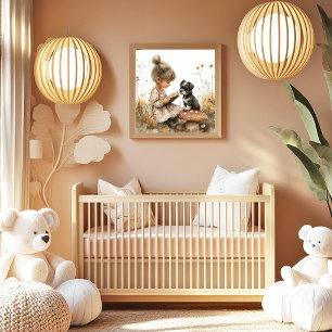 Liten flicka läser för svart-vit valp röd svamp poster