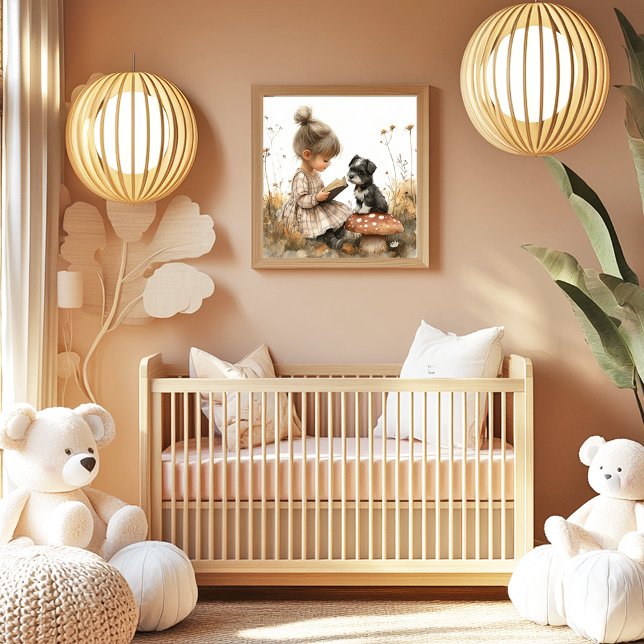 Liten flicka läser för svart-vit valp röd svamp  poster (Skapare uppladdad)