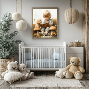 Liten flicka läser för tan puppy svamp poster