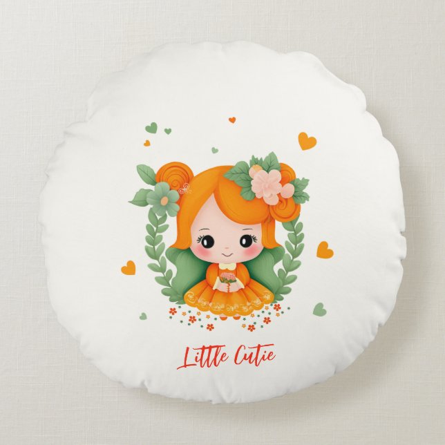 Liten flicka med blommor rund kudde (Framsidan)