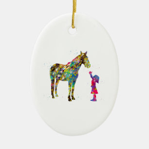 Liten flicka med häst julgransprydnad keramik
