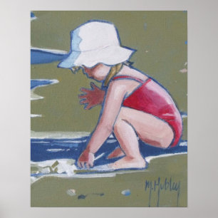Liten flicka med hatt på stranden med vinkara poster