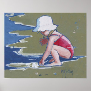 Liten flicka med hatt på stranden med vinkara poster