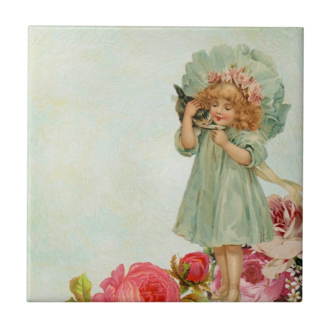 Liten flicka med kattunge kakelplatta (Framsidan)