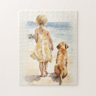 Liten flicka med labrador pussel