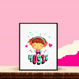 Liten flicka med musik fototryck