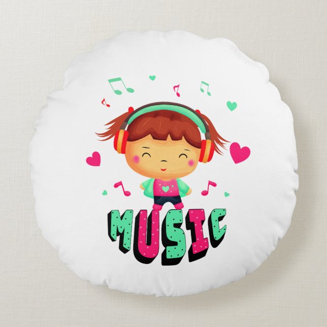 Liten flicka med musik rund kudde (Framsidan)
