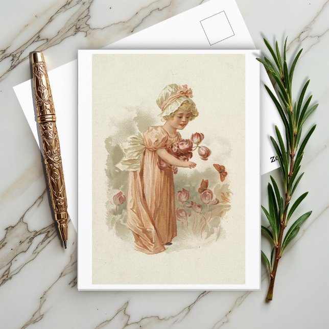 Liten flicka med rosa blommor och fjärilar vykort (Skapare uppladdad)