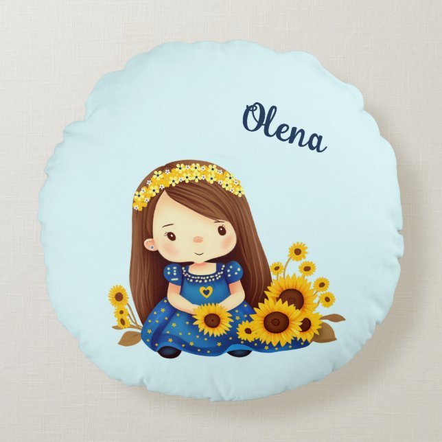 Liten flicka med solblommor rund kudde (Framsidan)