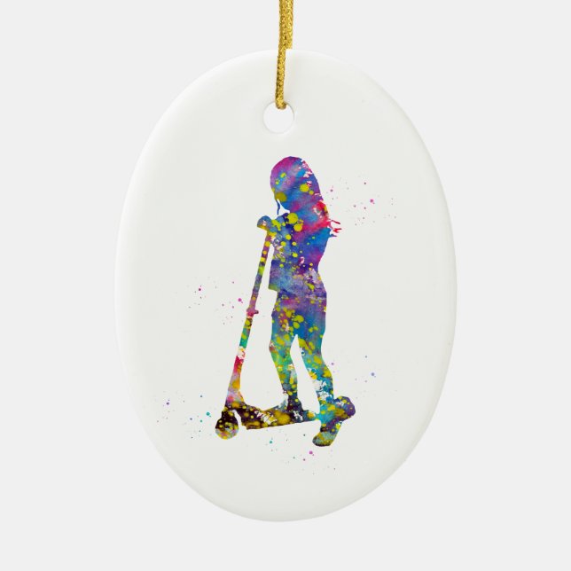 Liten flicka med sparkcykel julgransprydnad keramik (Framsidan)