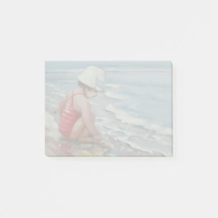 Liten flicka med vit hatt på stranden post-it block