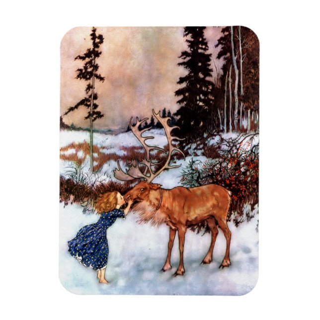 Liten flicka och älg magnet (Vertikal)