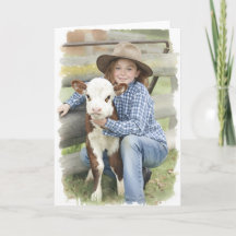 Liten flicka och kalv i akvarell